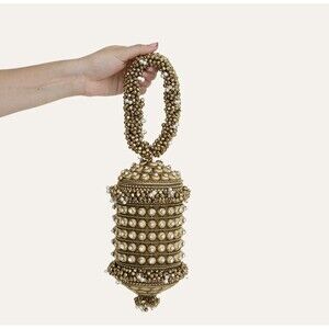 Ramla Shimmer Gold Crystal Pearl Handcrafted Evening Bag Clutch $459 Retail